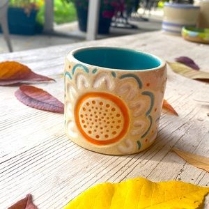 Hand carved small stoneware pot